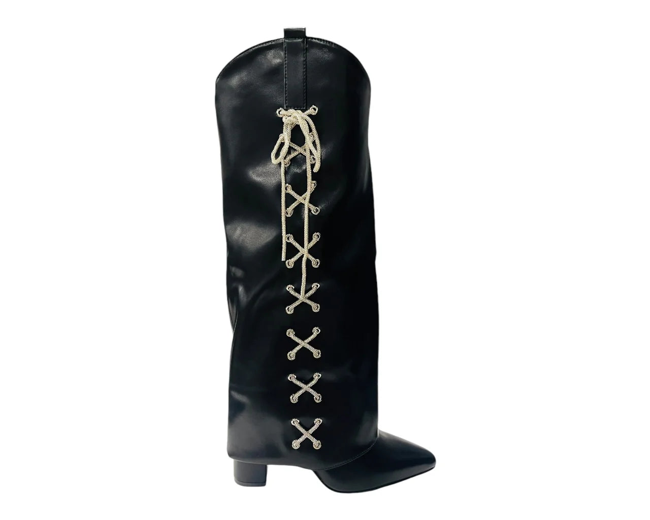 Women's Rhinestone Faux Leather Fold Over Block Heel Boots