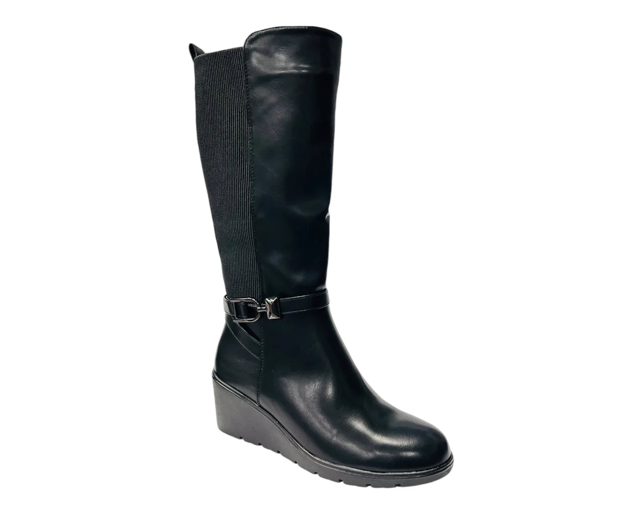 Women's CHC326 Faux Leather Calf High Stretch Wedge Heel Boots