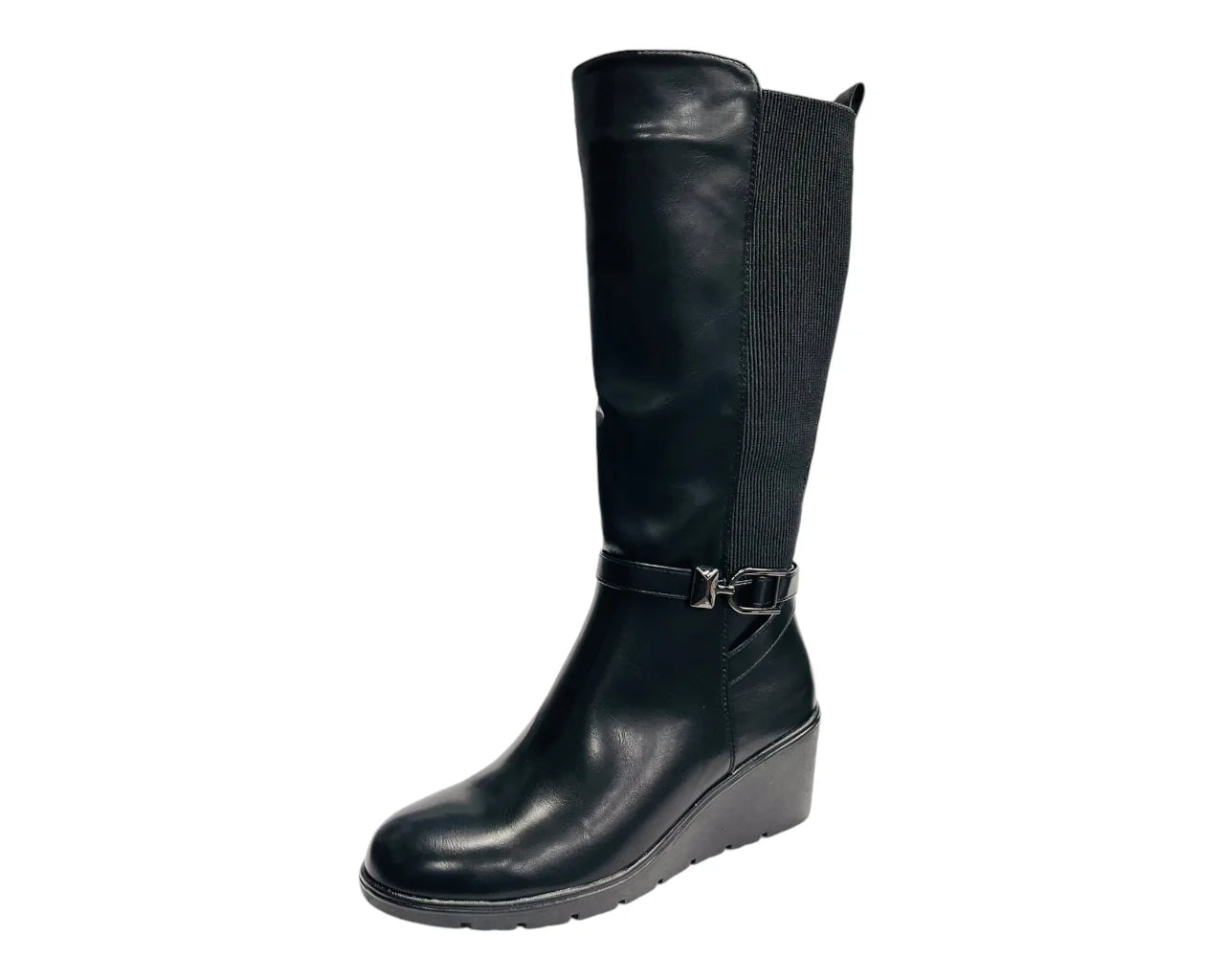 Women's CHC326 Faux Leather Calf High Stretch Wedge Heel Boots
