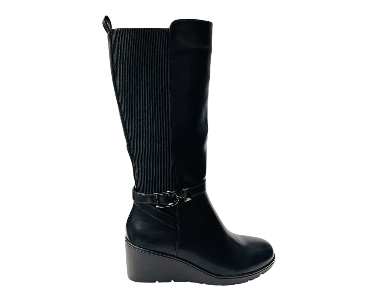Women's CHC326 Faux Leather Calf High Stretch Wedge Heel Boots