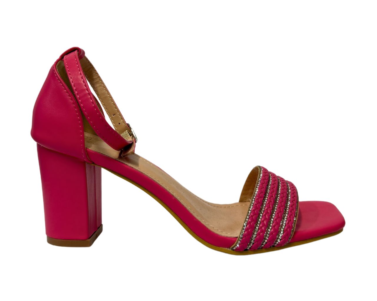 Women's B1639-131 Rhinestone Decor Block Heel Ankle Strap Shoes