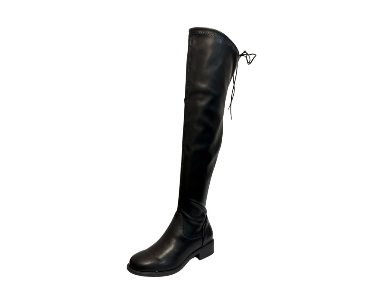 Women's Black High Boots Over The Knee Laces Flat Low Back Heel Boots