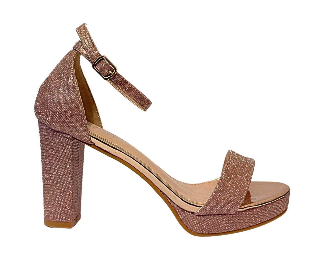 Women's N21-790 Champagne Rhinestone Block Heel Ankle Strap Shoes