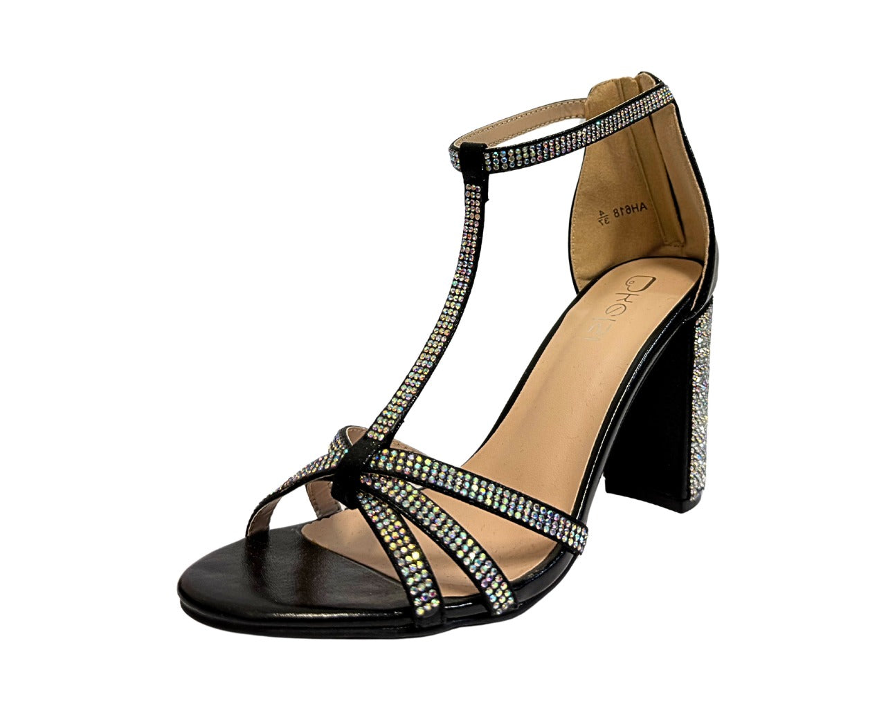 Women's AH616 Rhinestone Block Heel Ankle Strap Shoes