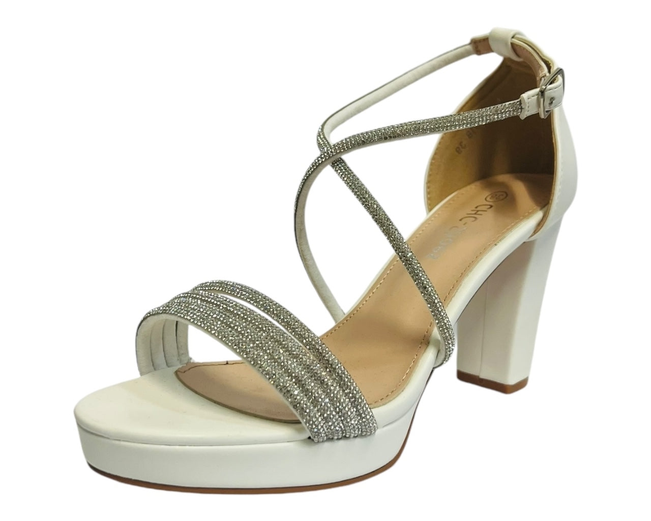 Women's Ankle Strap Diamante Block Heel Shoes