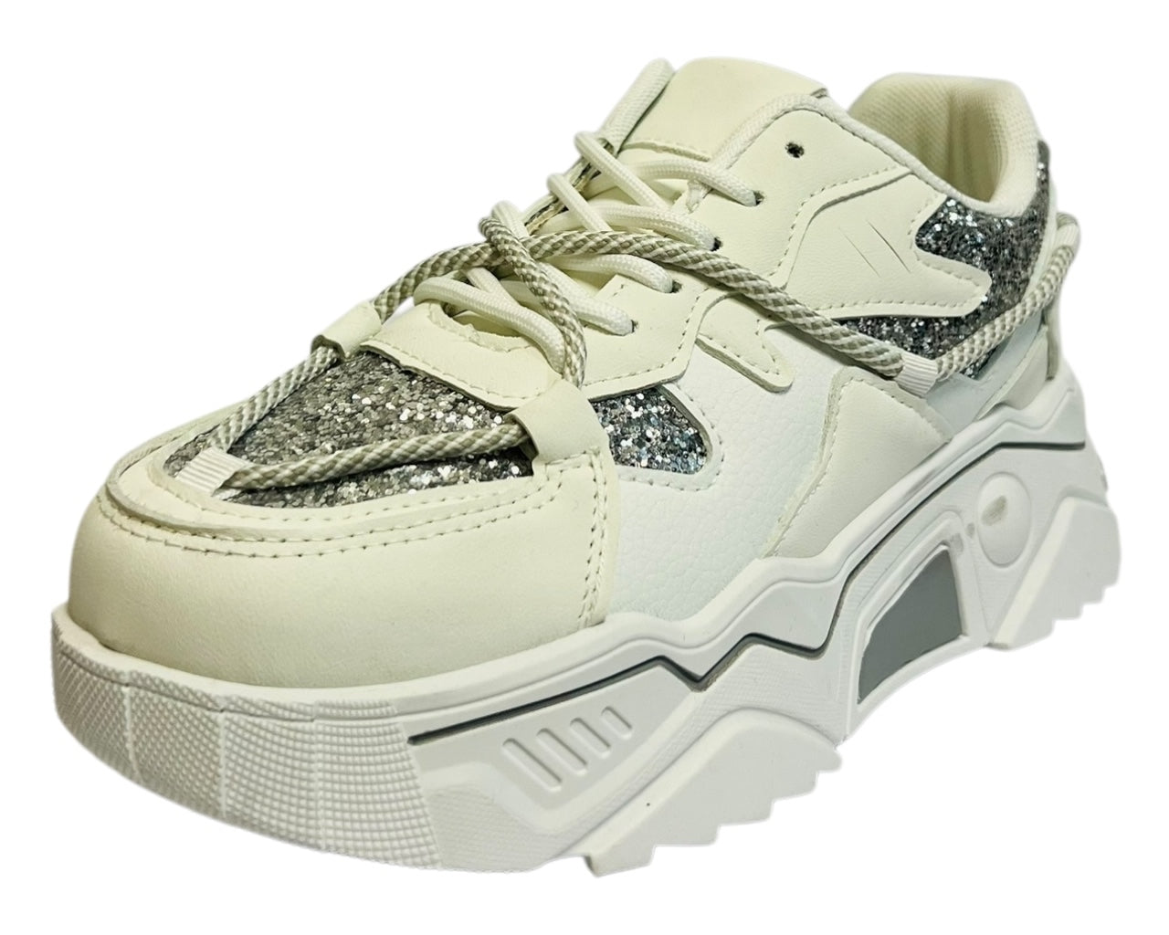 Women's Faux Leather Chunky Sole Lace Up Sparkle Trainers