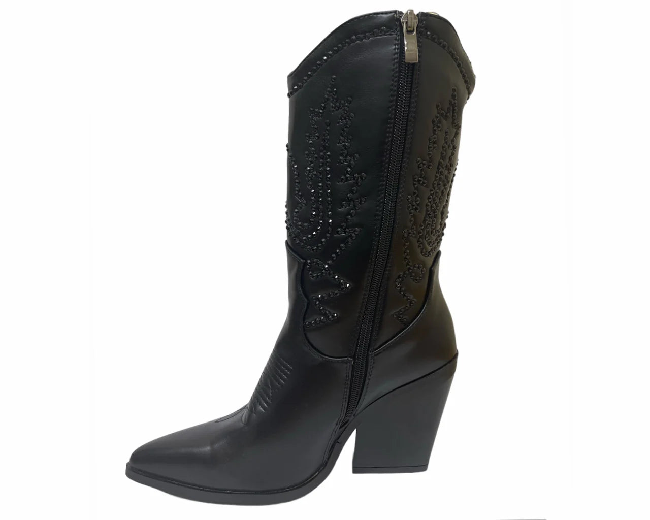 Women's Mid Calf Cowboy Embroidery Diamante Boots Black