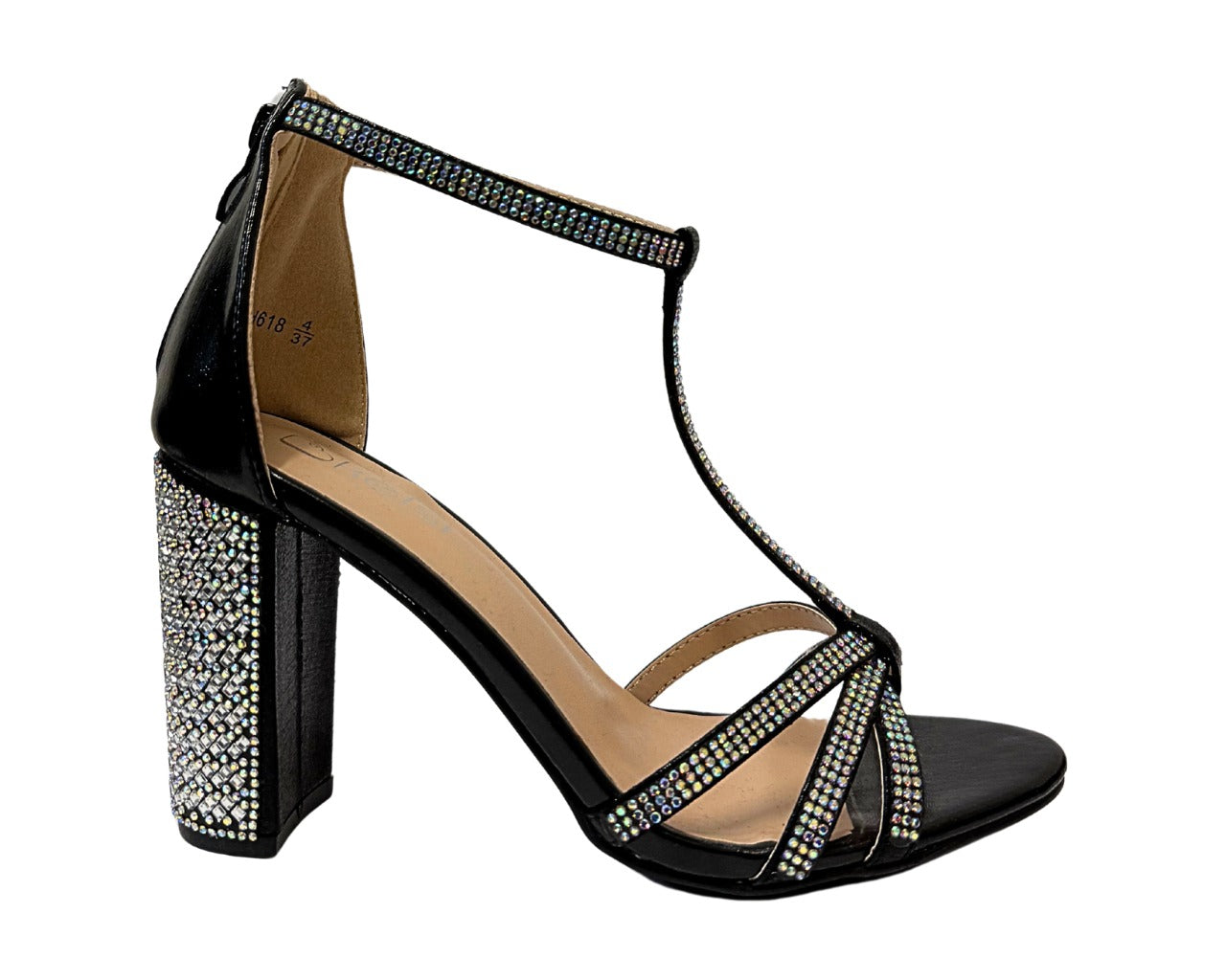 Women's AH616 Rhinestone Block Heel Ankle Strap Shoes
