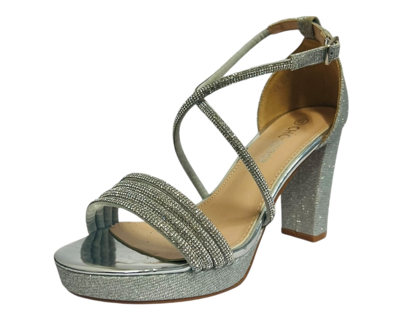 Women's Ankle Strap Diamante Block Heel Shoes