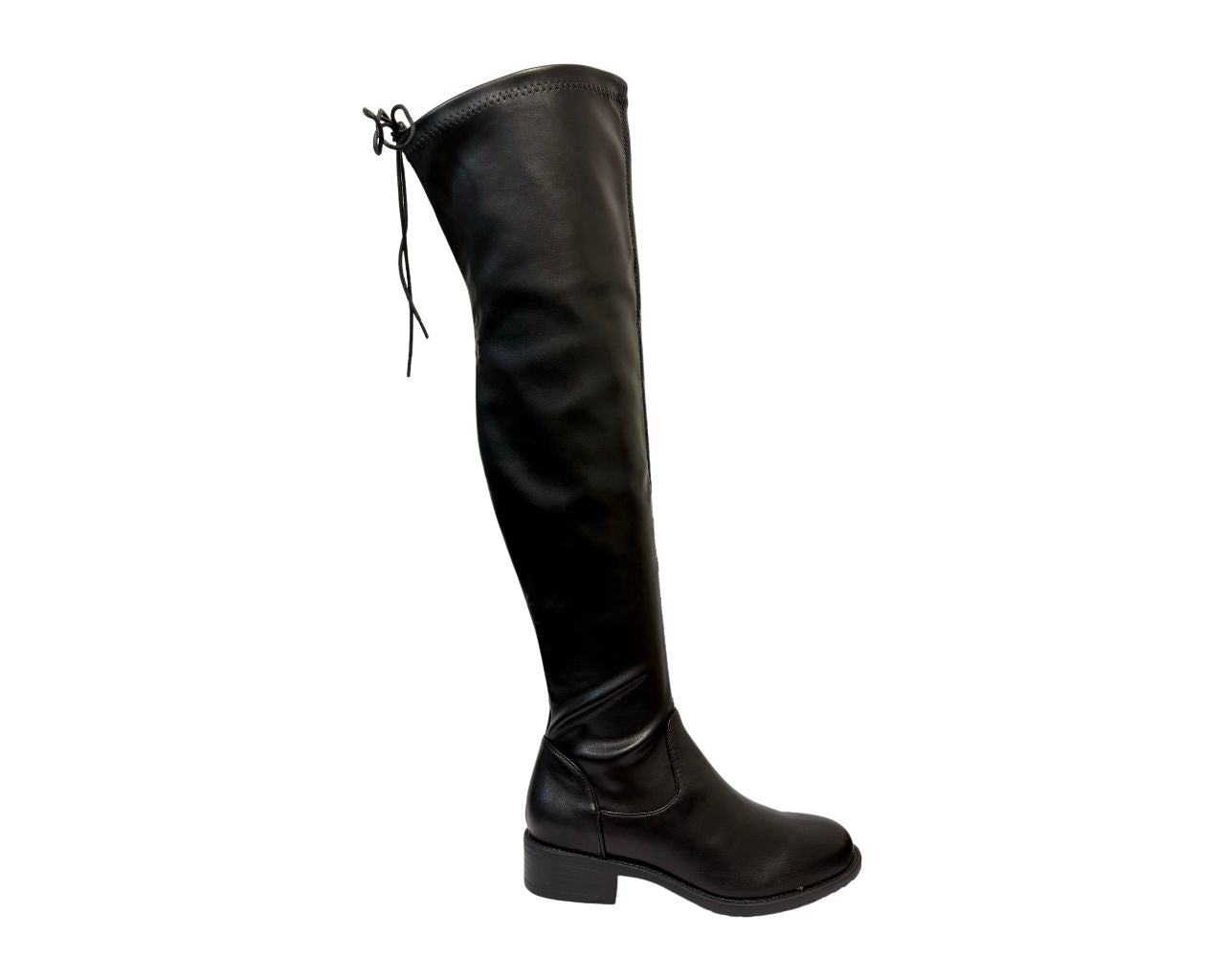 Women's Black High Boots Over The Knee Laces Flat Low Back Heel Boots