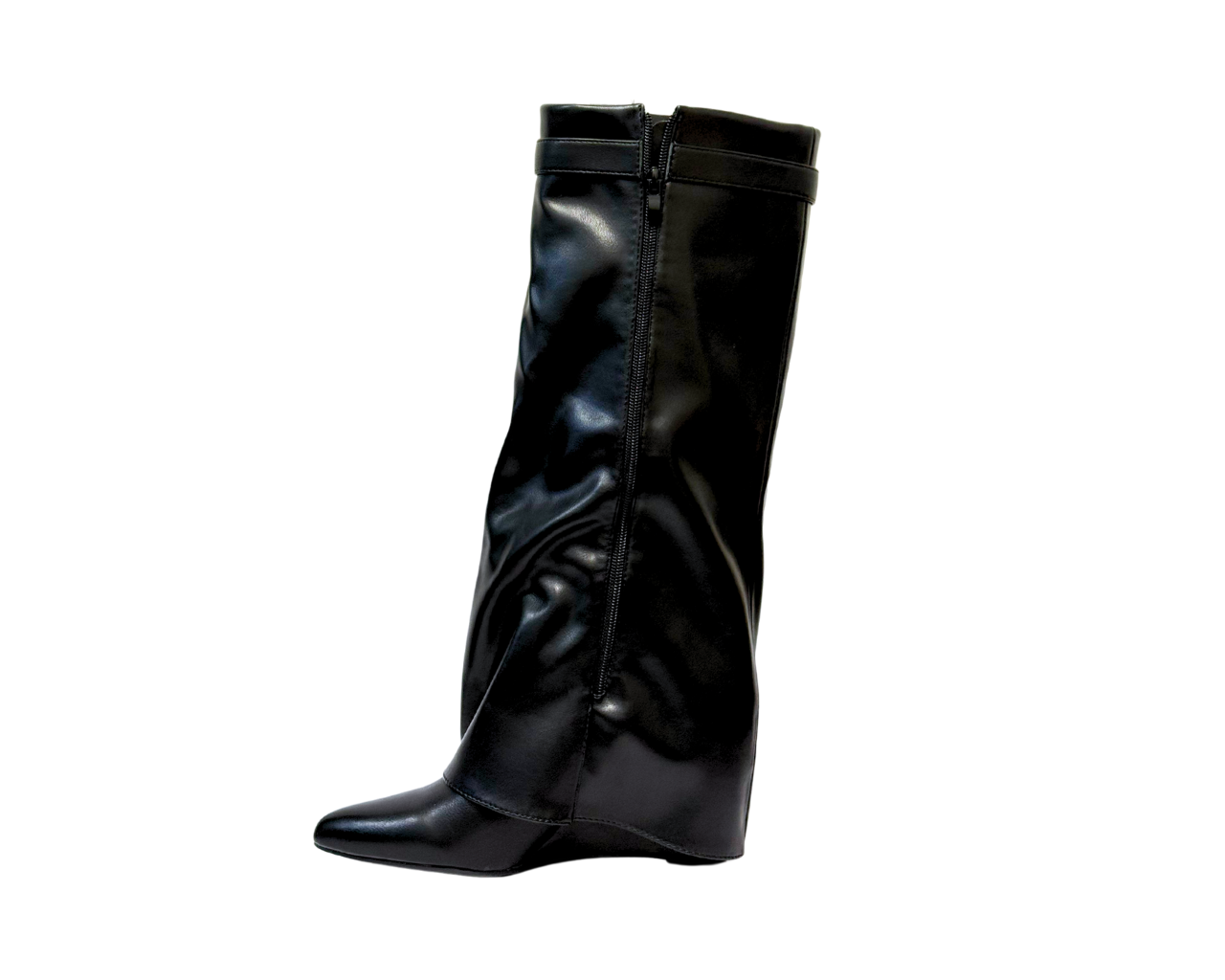 Women's Faux Leather 9623 Fold Over Knee High Block Heel Boots