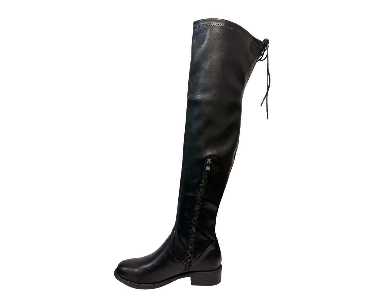 Women's Black High Boots Over The Knee Laces Flat Low Back Heel Boots