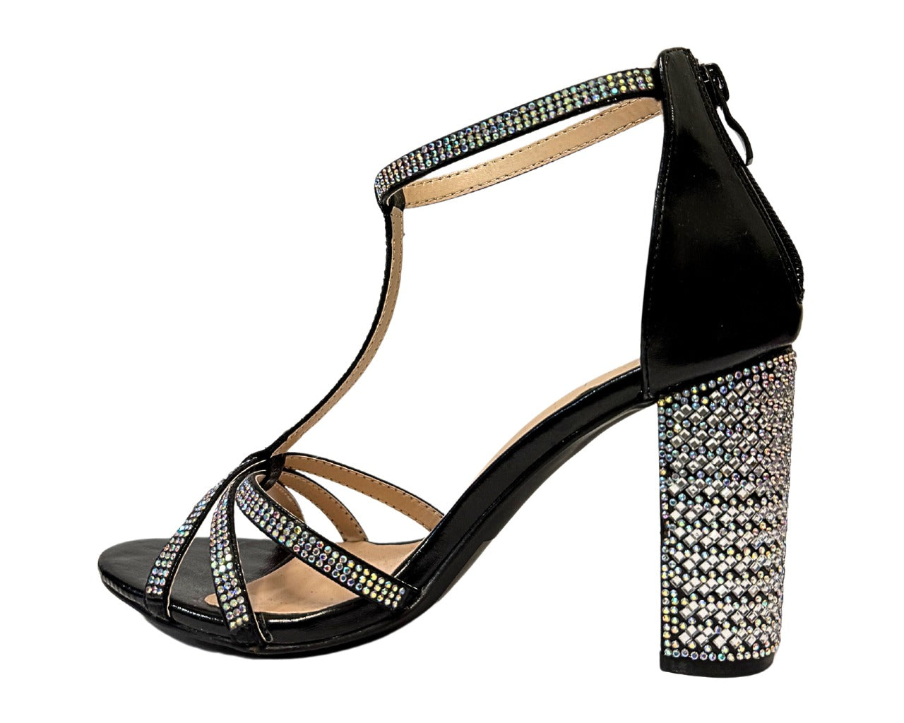 Women's AH616 Rhinestone Block Heel Ankle Strap Shoes