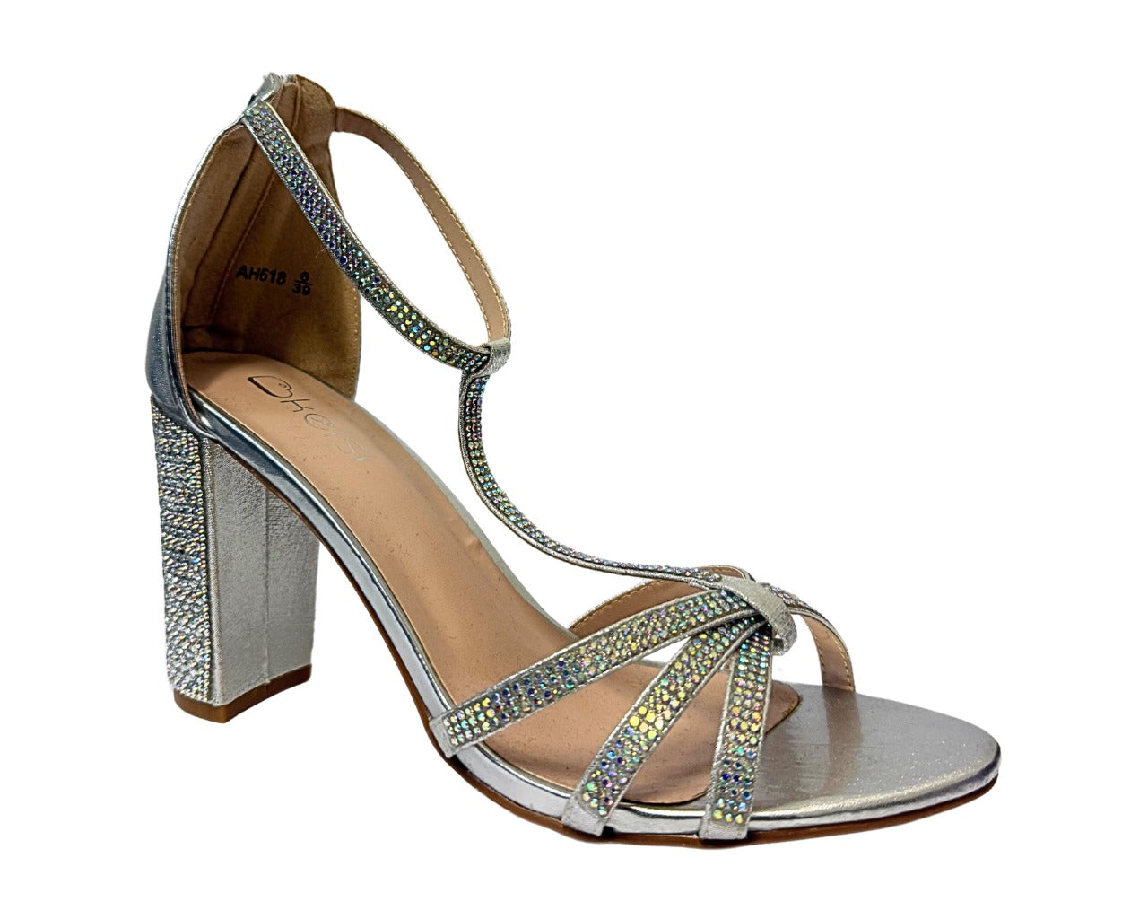 Women's AH616 Rhinestone Block Heel Ankle Strap Shoes