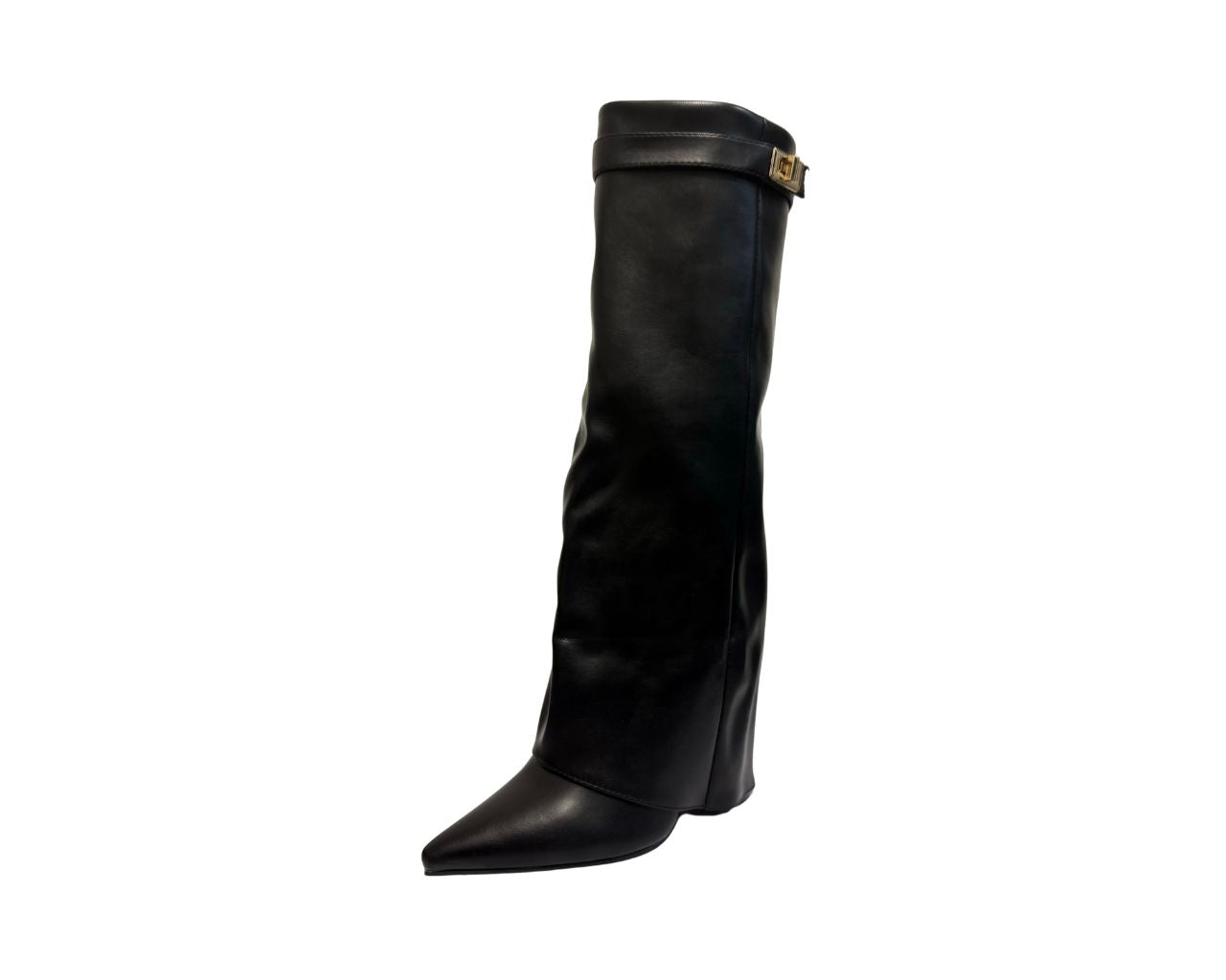 Women's Faux Leather Knee High Fold Over Block Heel Boots