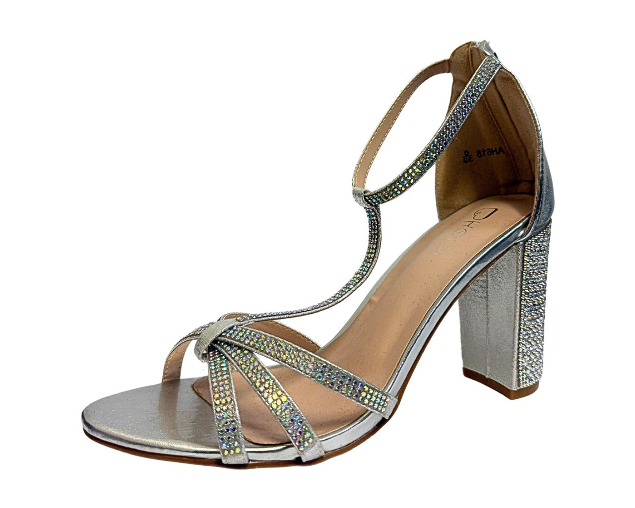 Women's AH616 Rhinestone Block Heel Ankle Strap Shoes