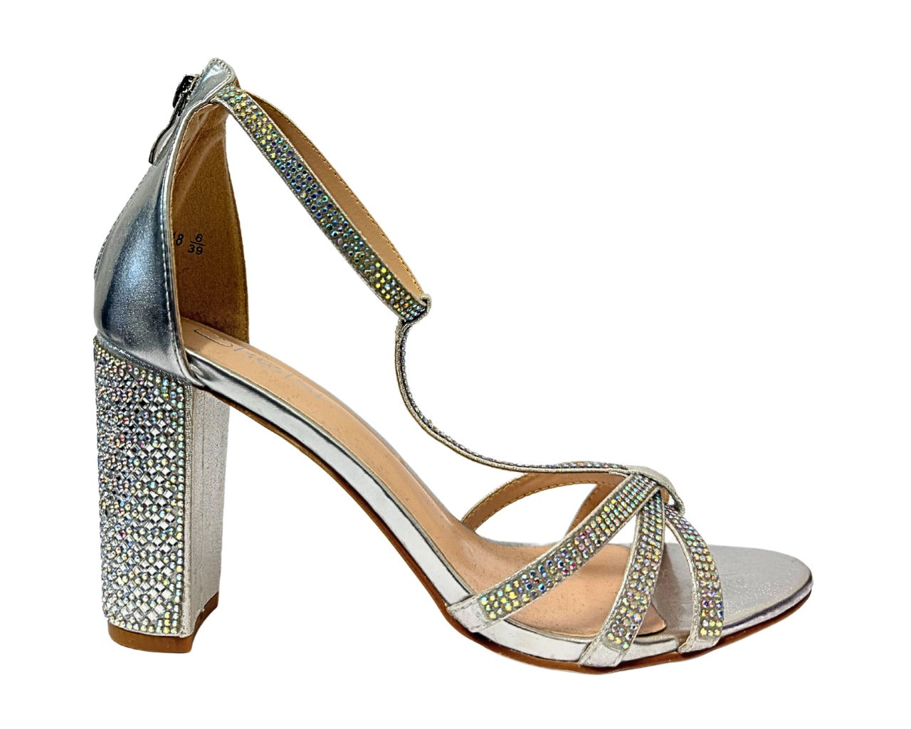 Women's AH616 Rhinestone Block Heel Ankle Strap Shoes