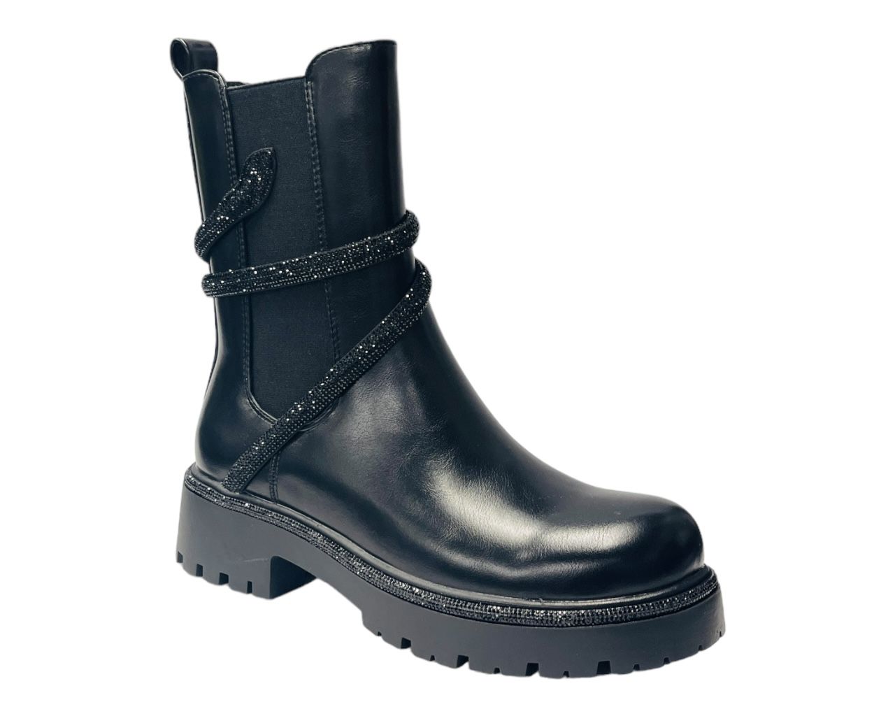 Women's Chunky Sole Faux Leather Zip Diamante Chelsea Boots