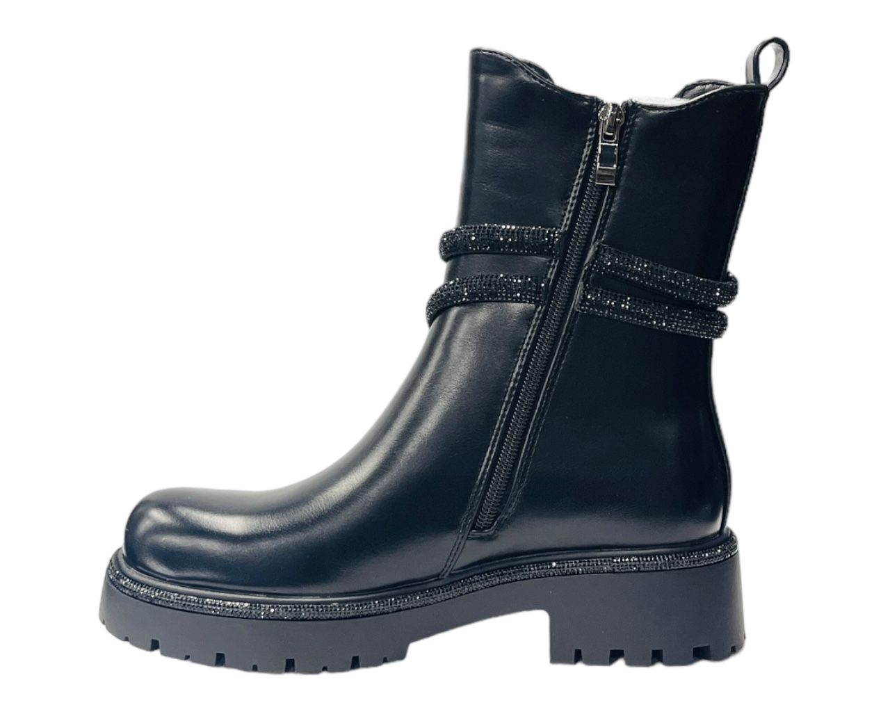 Women's Chunky Sole Faux Leather Zip Diamante Chelsea Boots