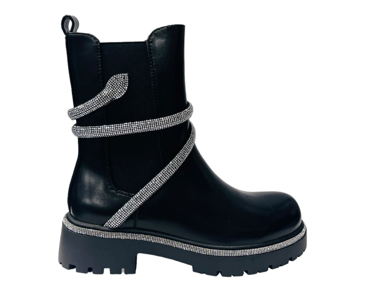 Women's Chunky Sole Faux Leather Zip Diamante Chelsea Boots
