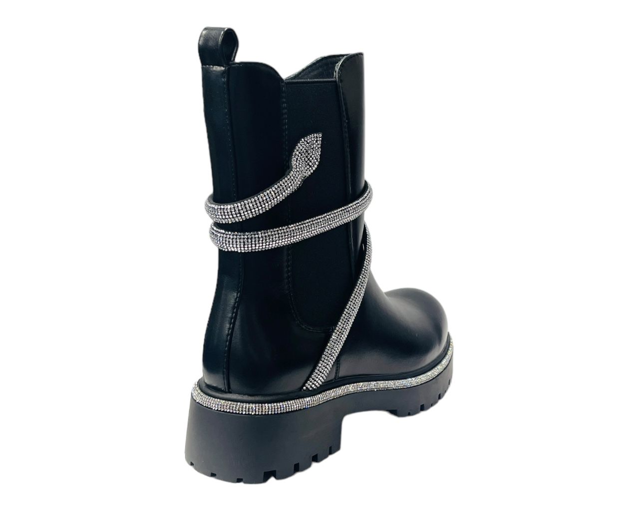 Women's Chunky Sole Faux Leather Zip Diamante Chelsea Boots