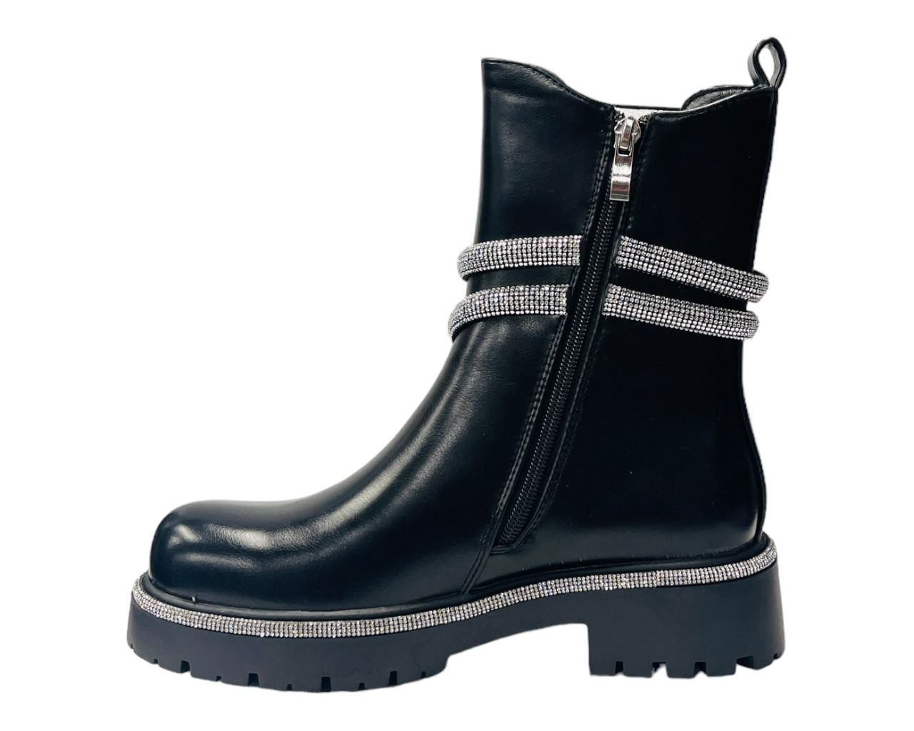 Women's Chunky Sole Faux Leather Zip Diamante Chelsea Boots