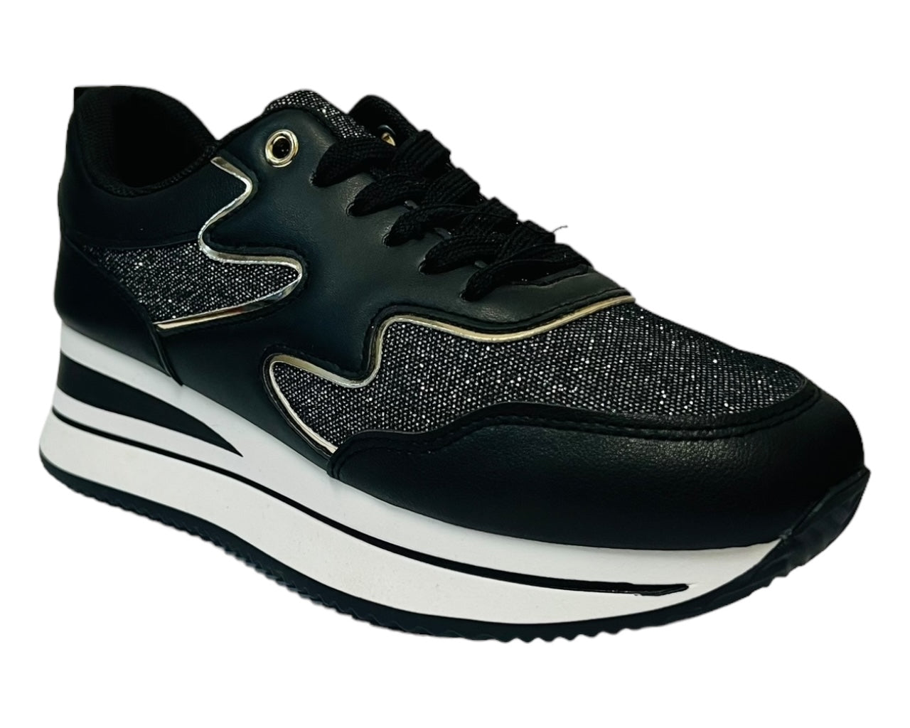 Women's Faux Leather Chunky Sole Lace Up Trainers Black