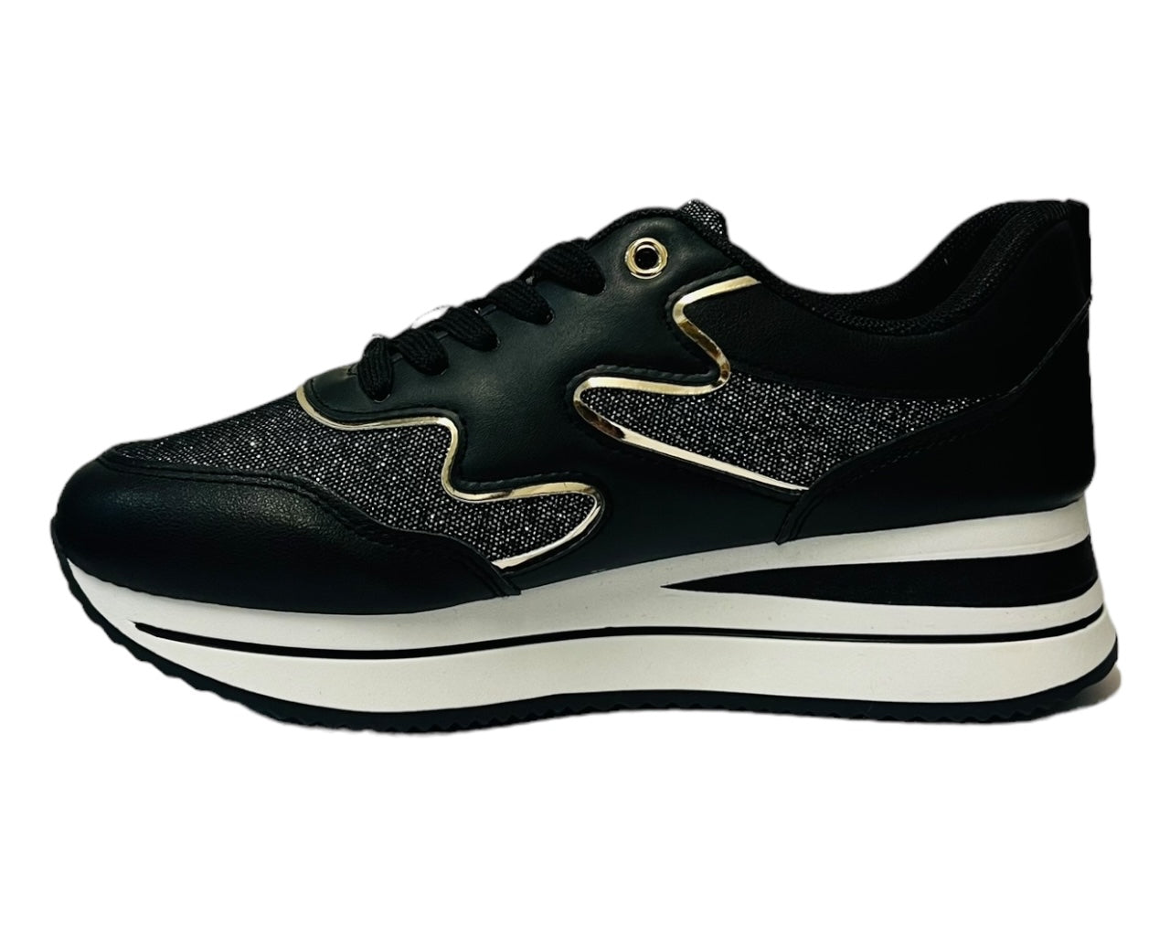 Women's Faux Leather Chunky Sole Lace Up Trainers Black