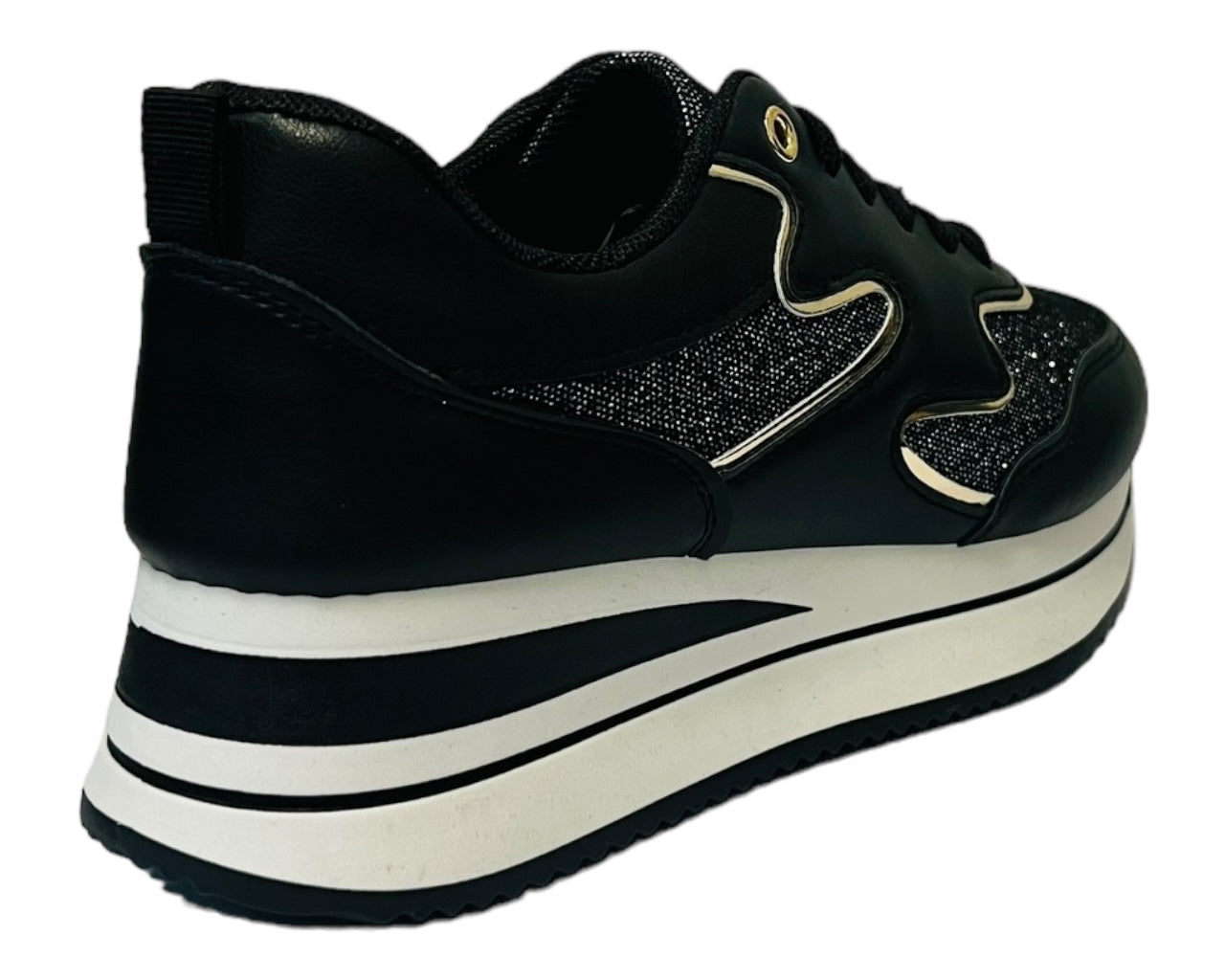 Women's Faux Leather Chunky Sole Lace Up Trainers Black