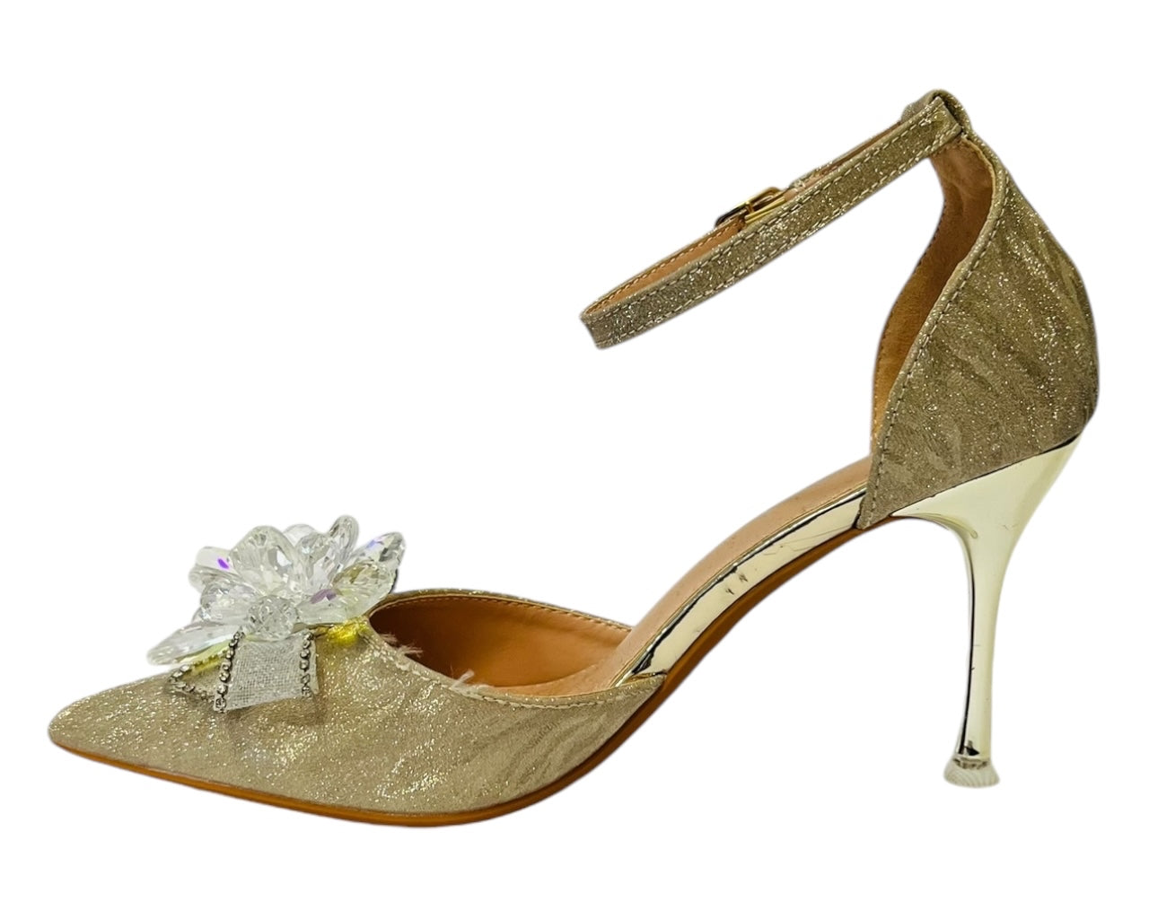 Ankle Strap Diamante Flower Open Court Shoes