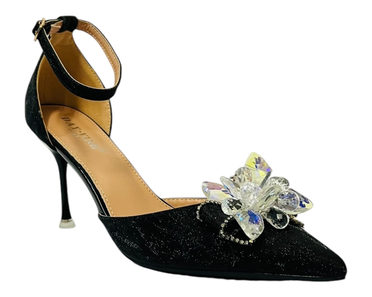 Ankle Strap Diamante Flower Open Court Shoes