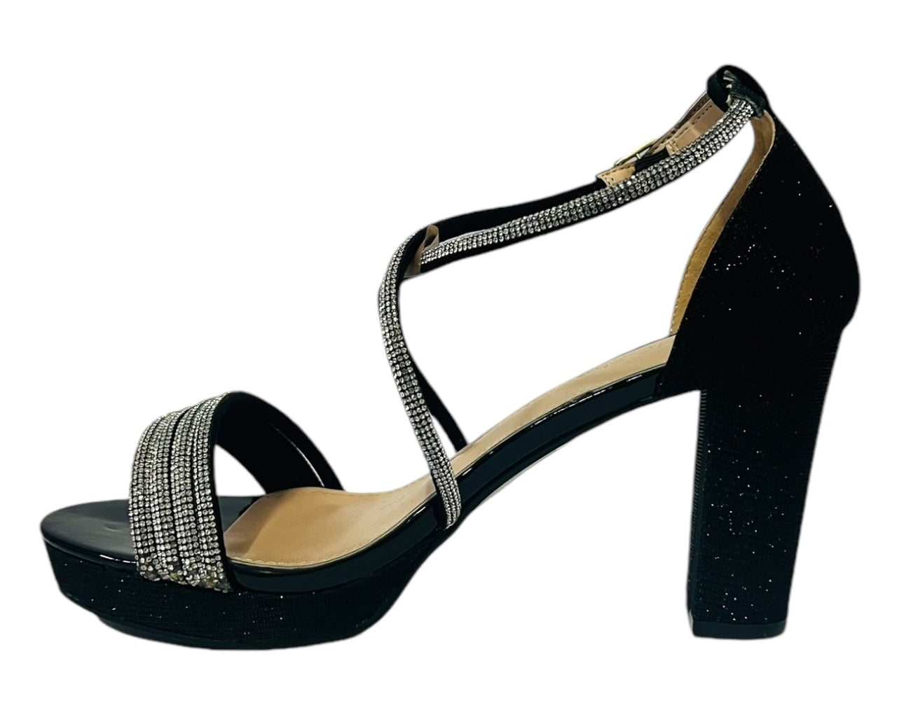 Women's Ankle Strap Diamante Block Heel Shoes