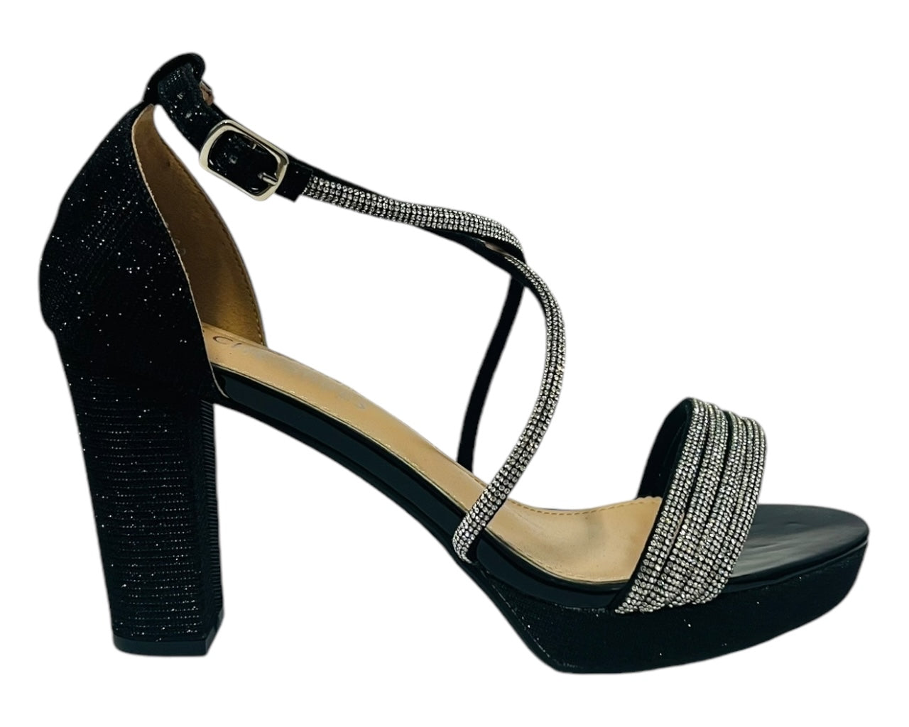 Women's Ankle Strap Diamante Block Heel Shoes