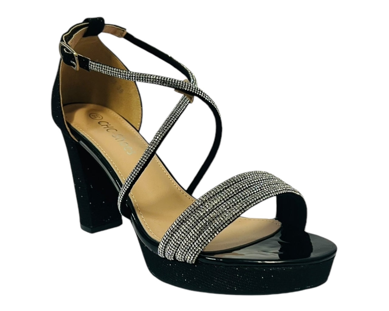 Women's Ankle Strap Diamante Block Heel Shoes