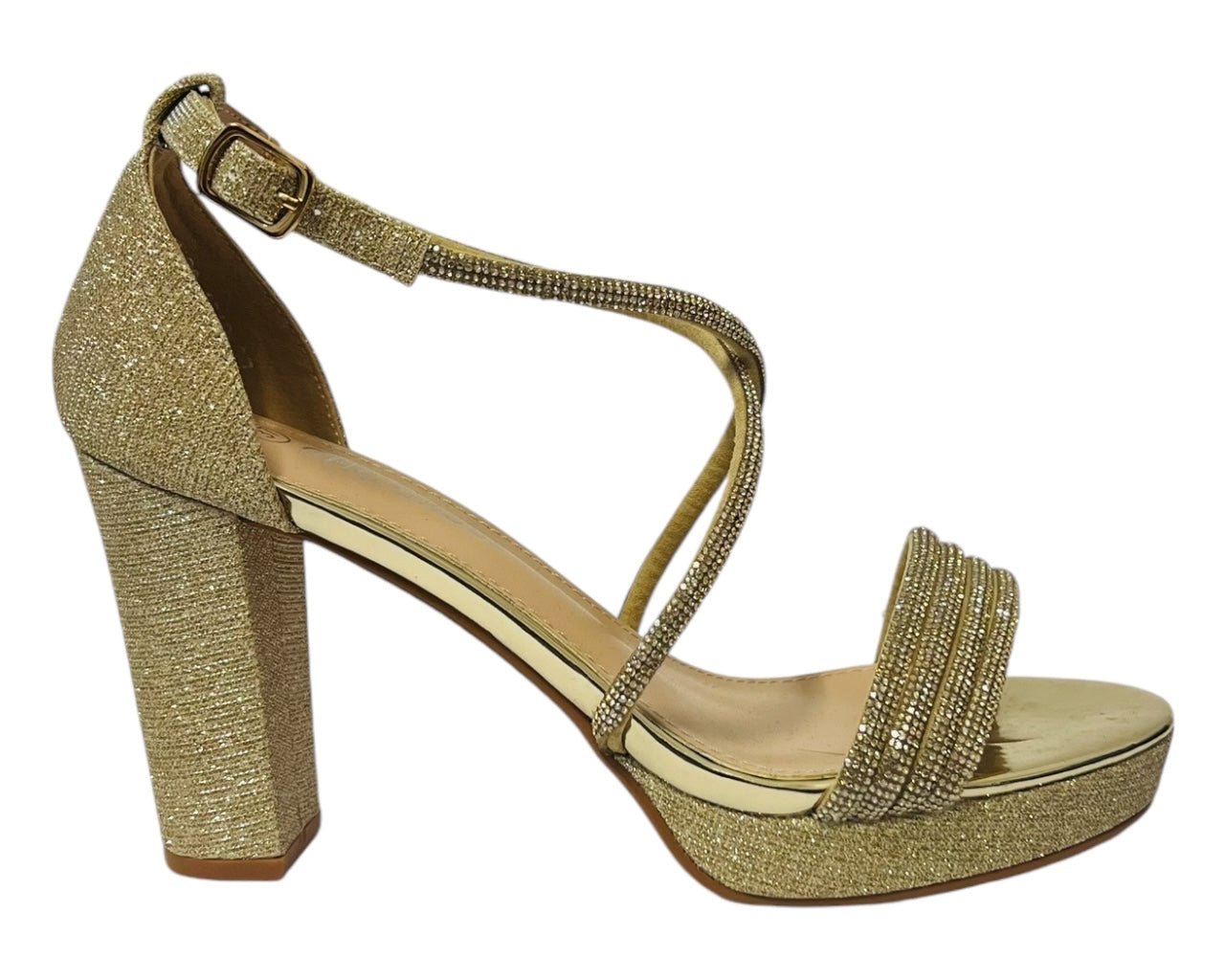 Women's Ankle Strap Diamante Block Heel Shoes