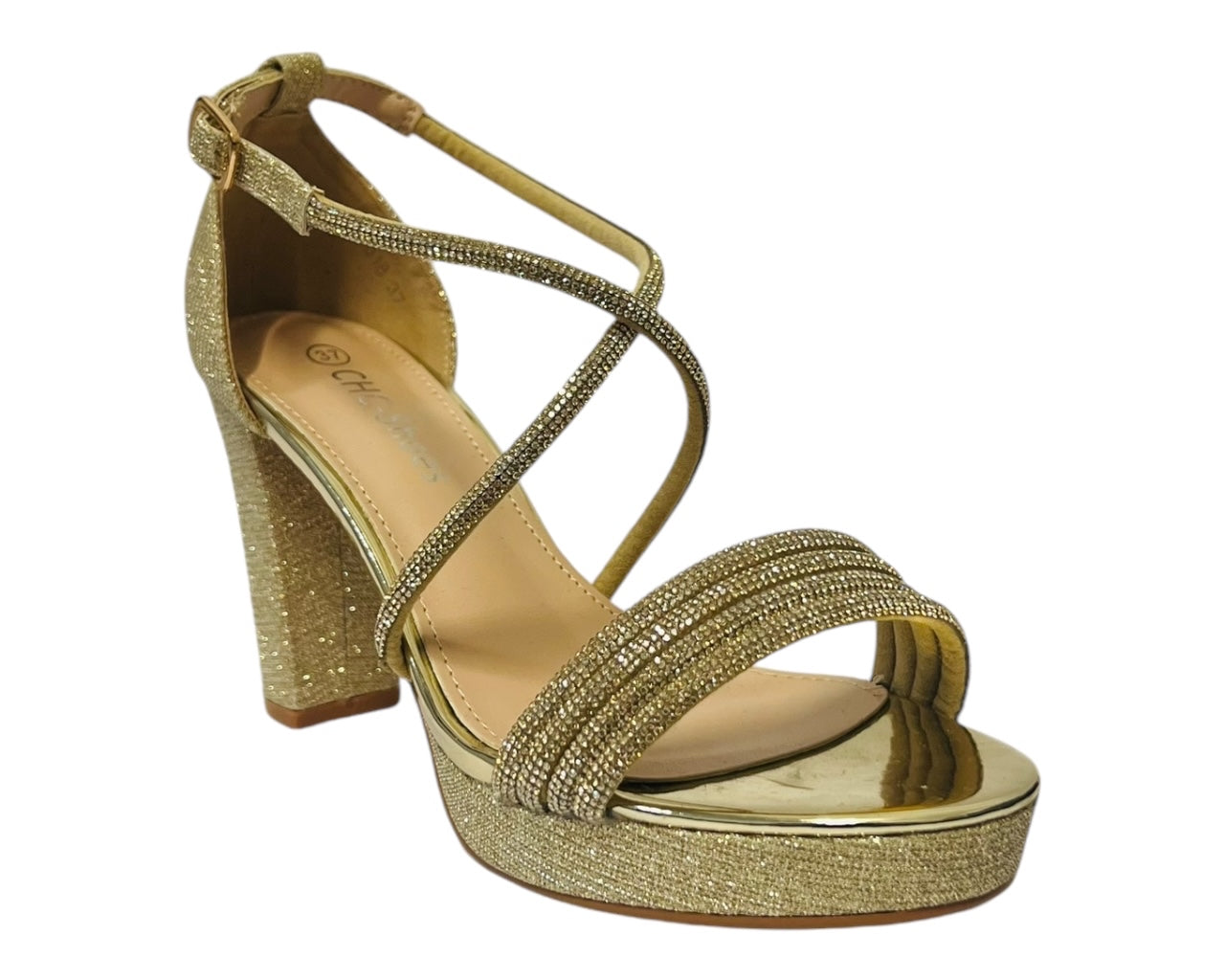 Women's Ankle Strap Diamante Block Heel Shoes