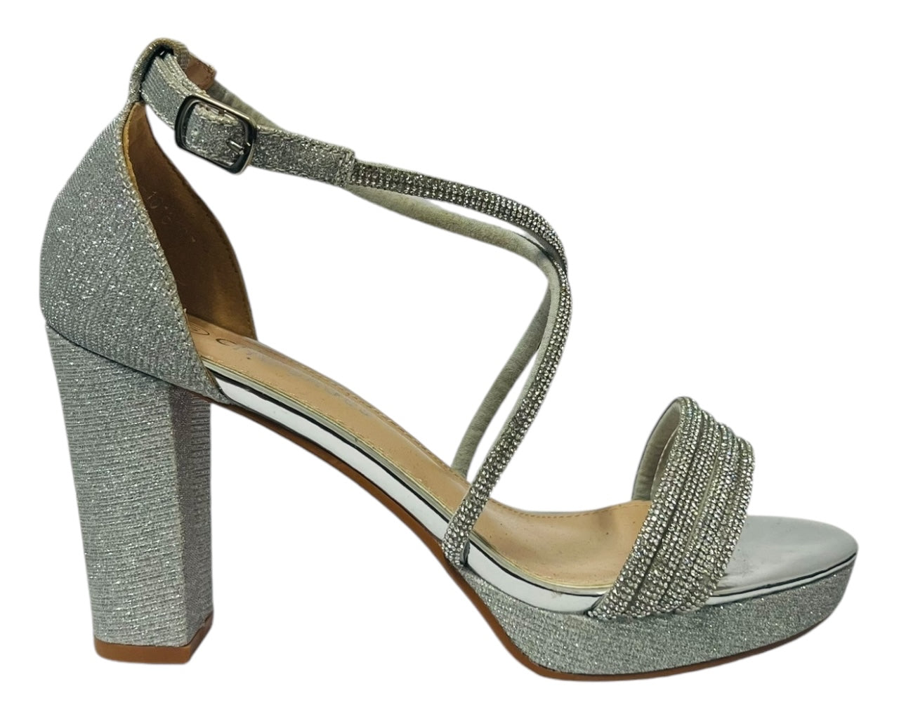 Women's Ankle Strap Diamante Block Heel Shoes