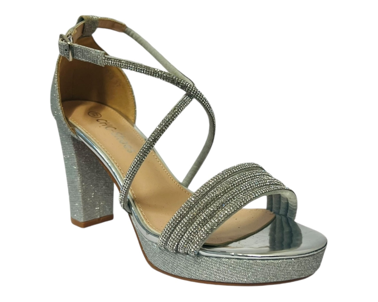 Women's Ankle Strap Diamante Block Heel Shoes