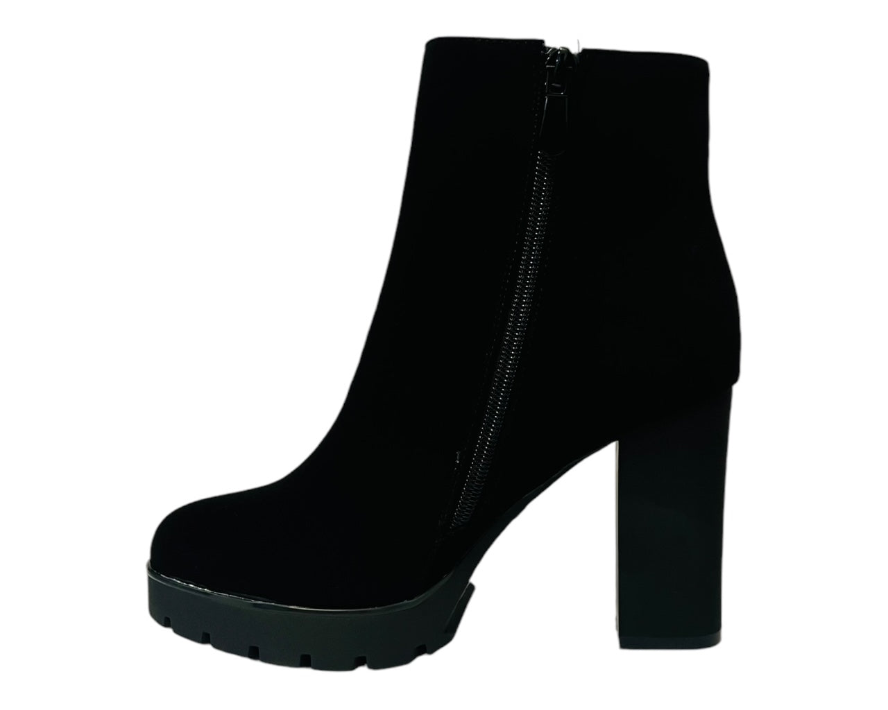 Women's Block High Heels Zip Ankle Boots Black Suede