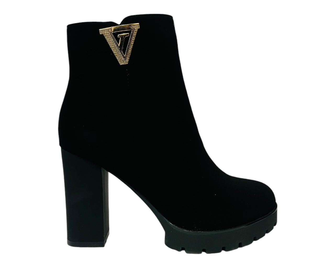 Women's Block High Heels Zip Ankle Boots Black Suede