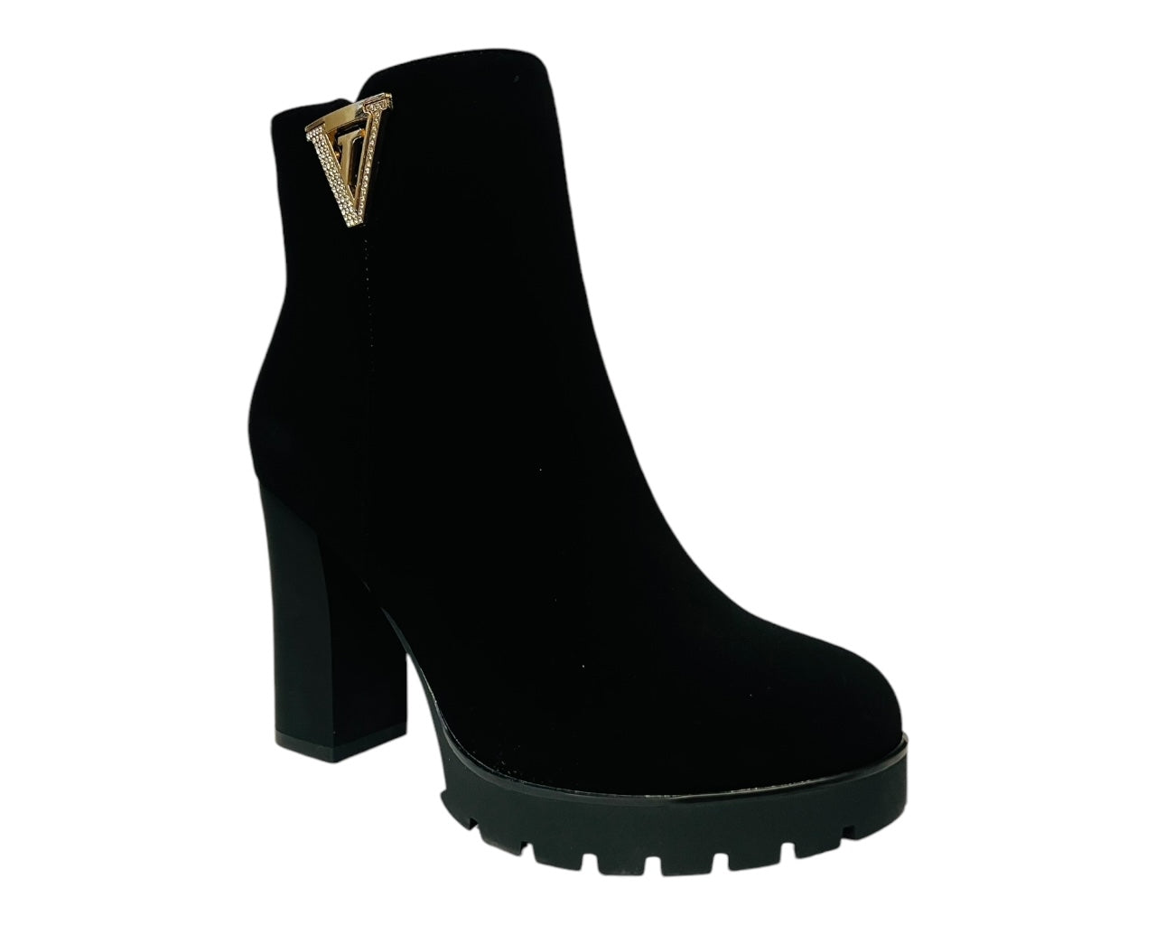 Women's Block High Heels Zip Ankle Boots Black Suede