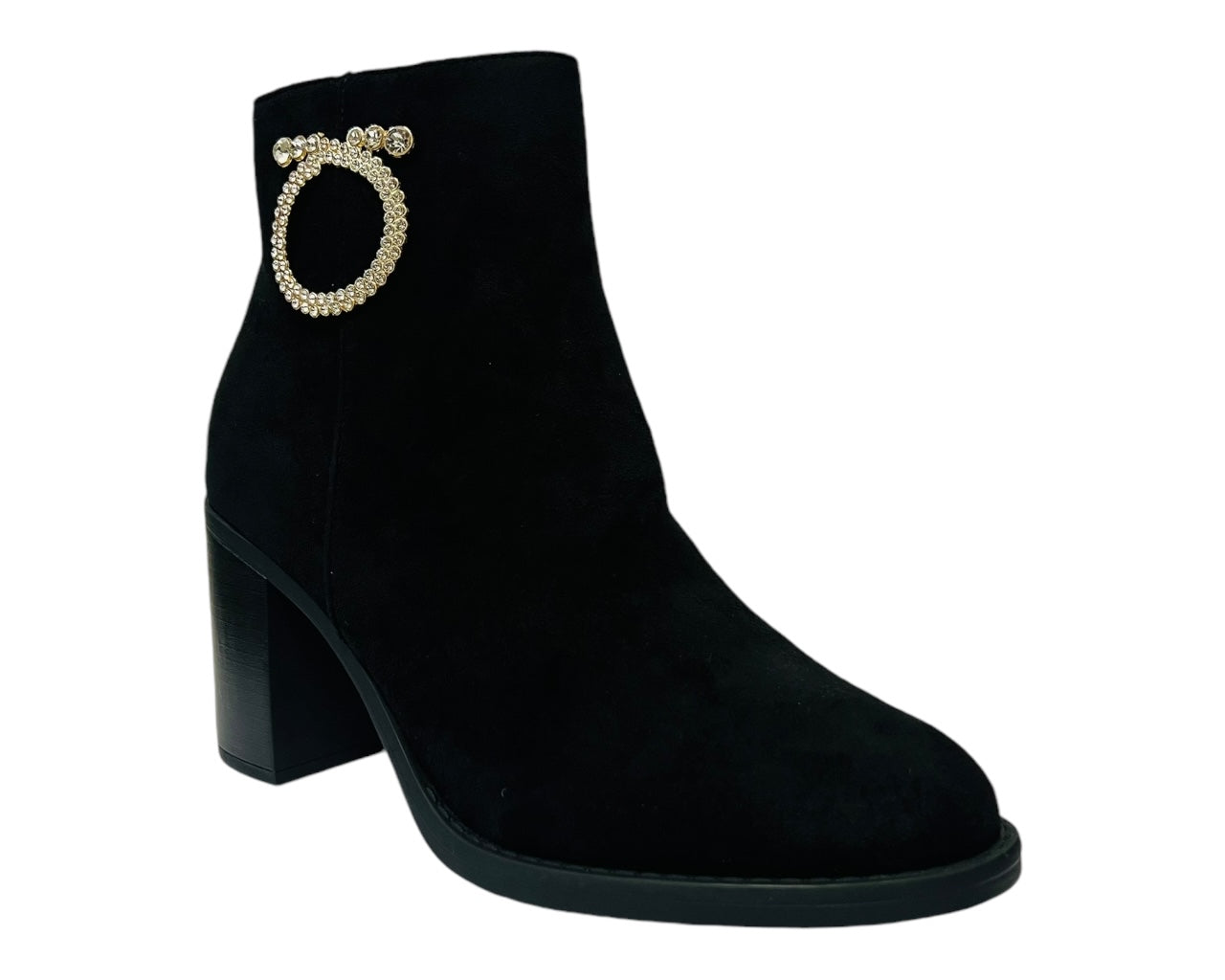 Women's Block High Heels Zip Ankle Boots Black Suede