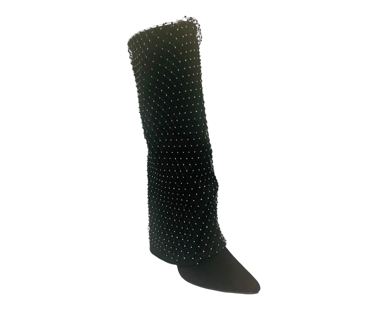 Women's Block Heel Kneel High Diamante Fishnet Boots