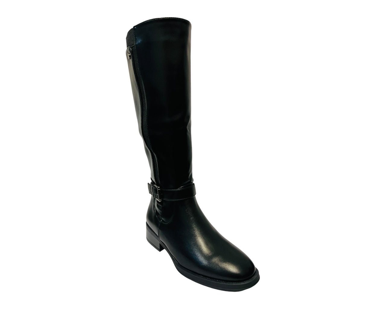 Women's 6301 Faux Leather Knee High Stretch Zip Boots Black