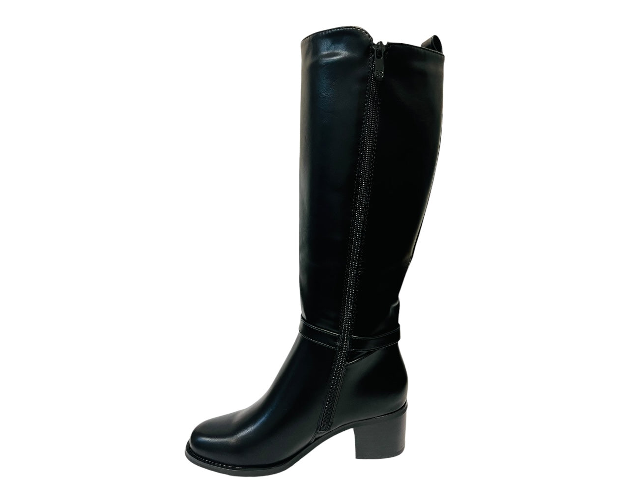 Women's CHC335 Faux Leather Block Heel Knee High Stretch Zip Boots Black