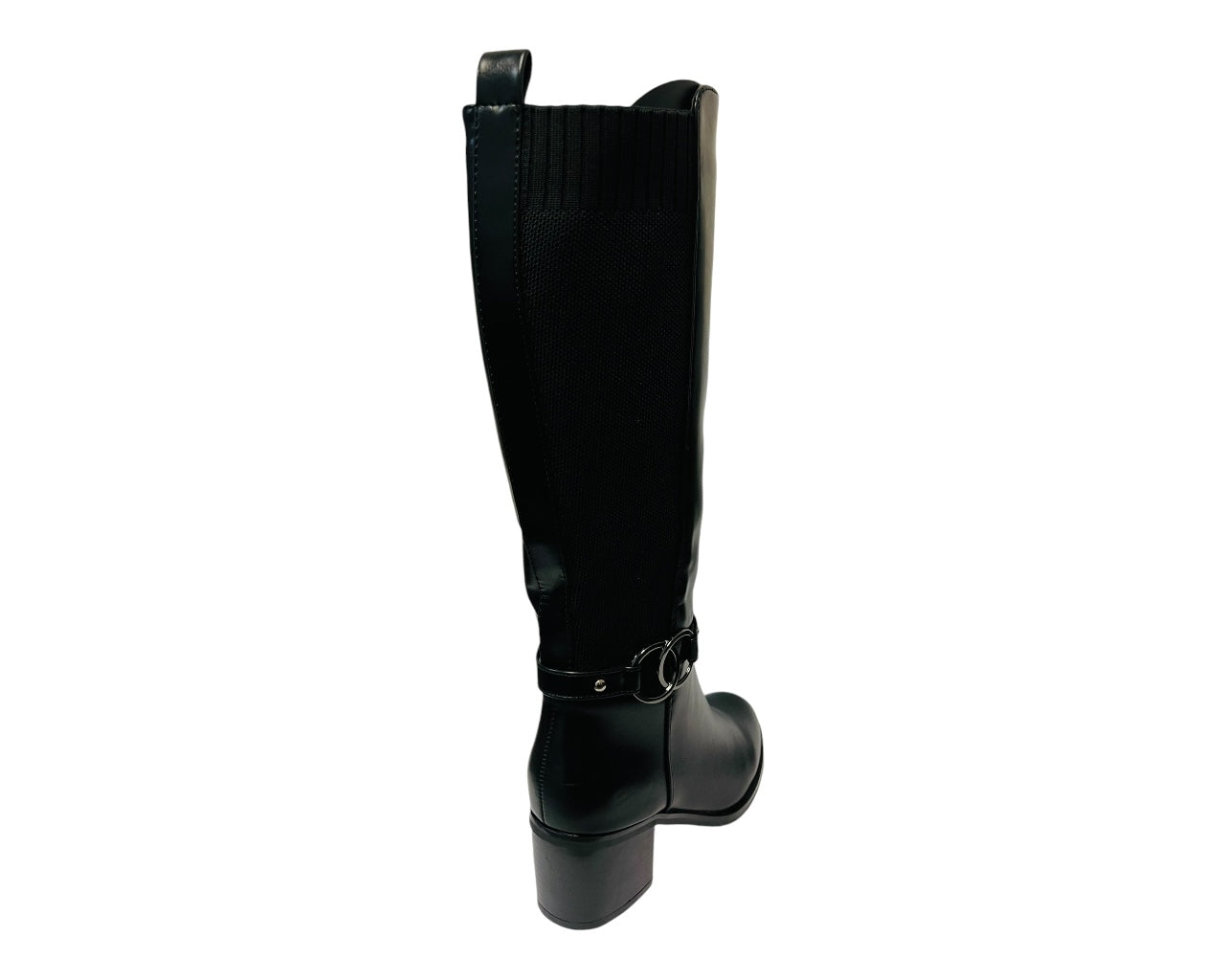 Women's CHC335 Faux Leather Block Heel Knee High Stretch Zip Boots Black