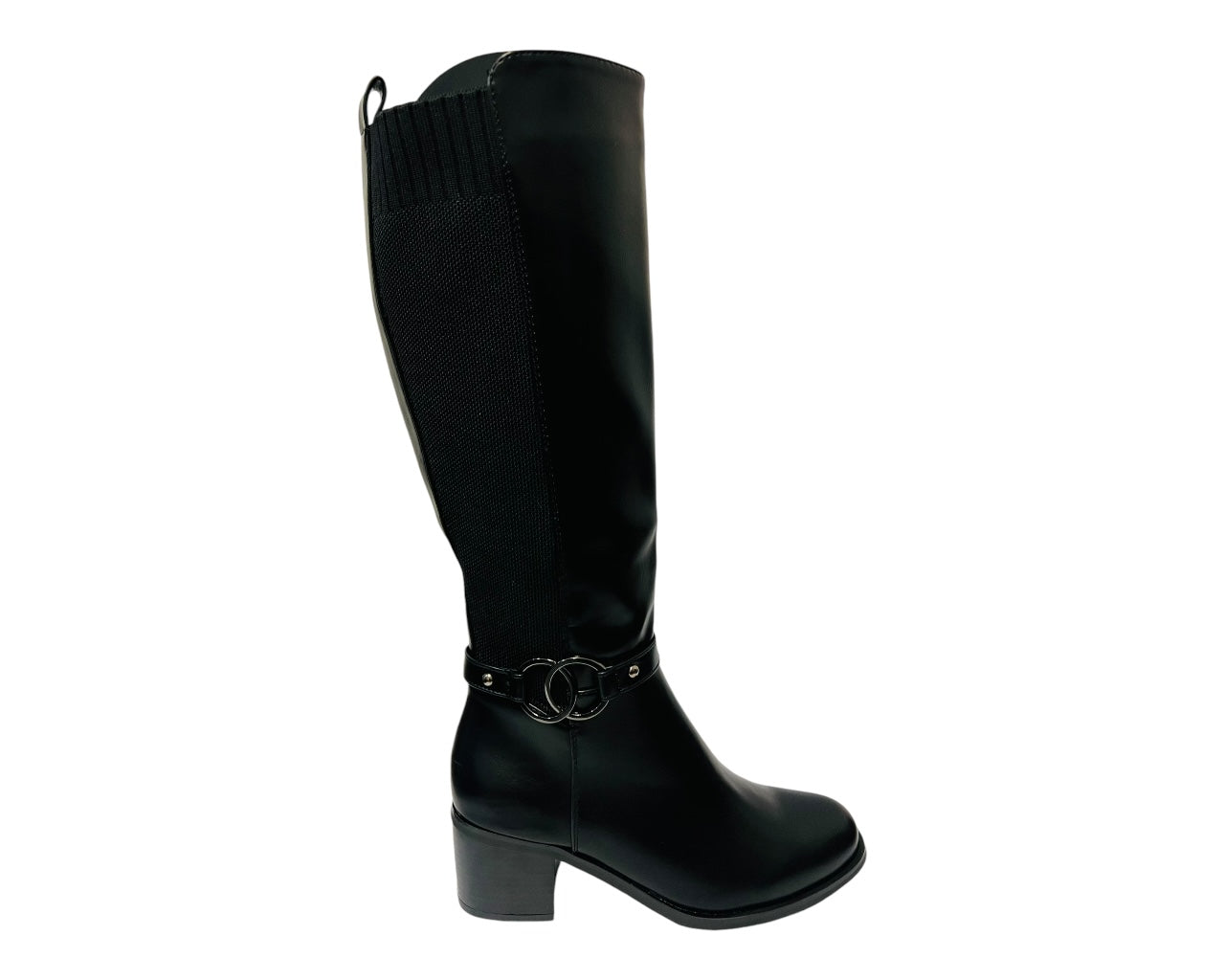 Women's CHC335 Faux Leather Block Heel Knee High Stretch Zip Boots Black