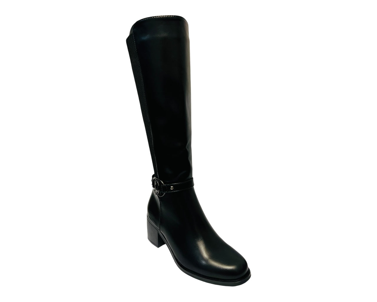 Women's CHC335 Faux Leather Block Heel Knee High Stretch Zip Boots Black