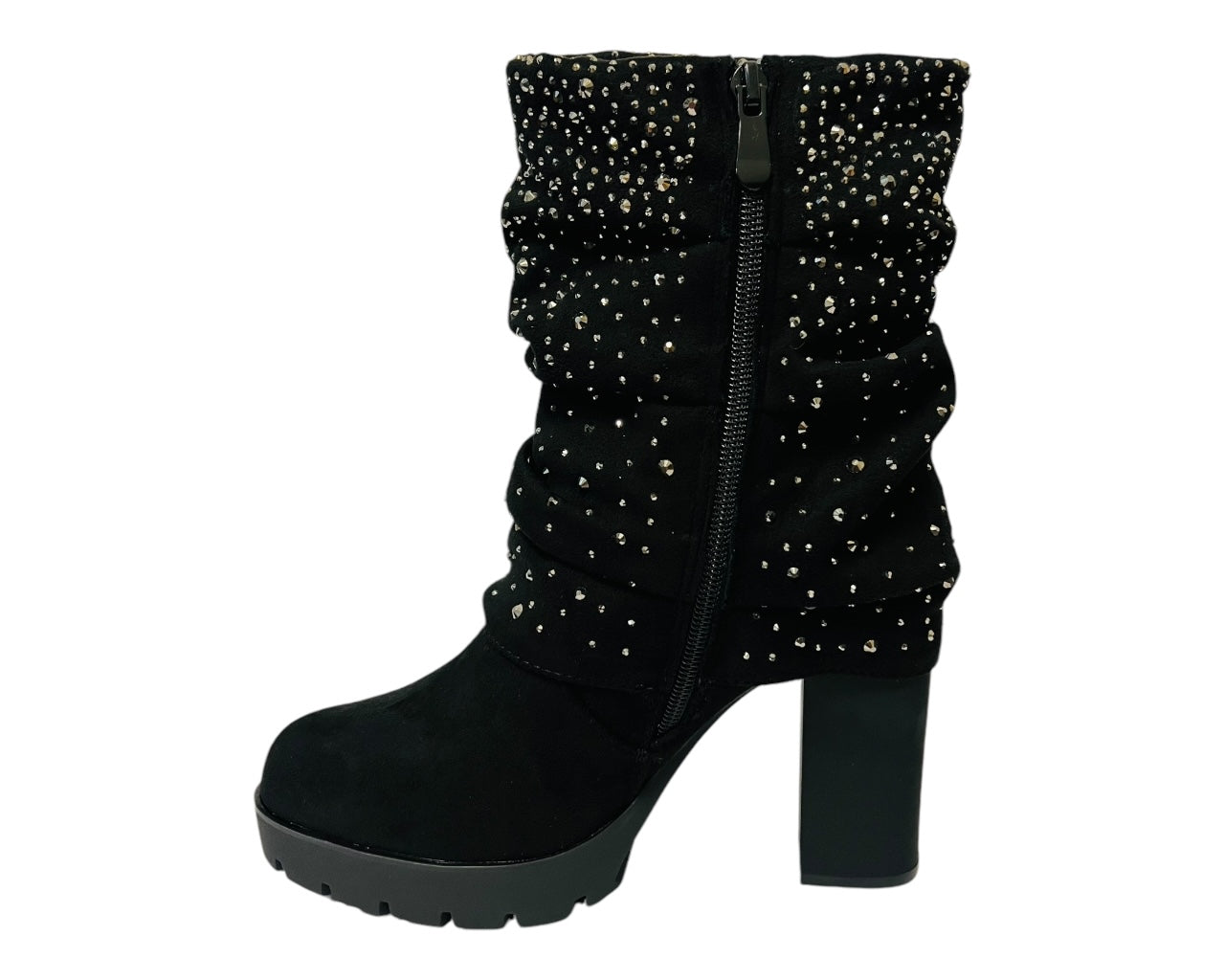 Women's Block Heels Zip Diamante Ankle Boots Black
