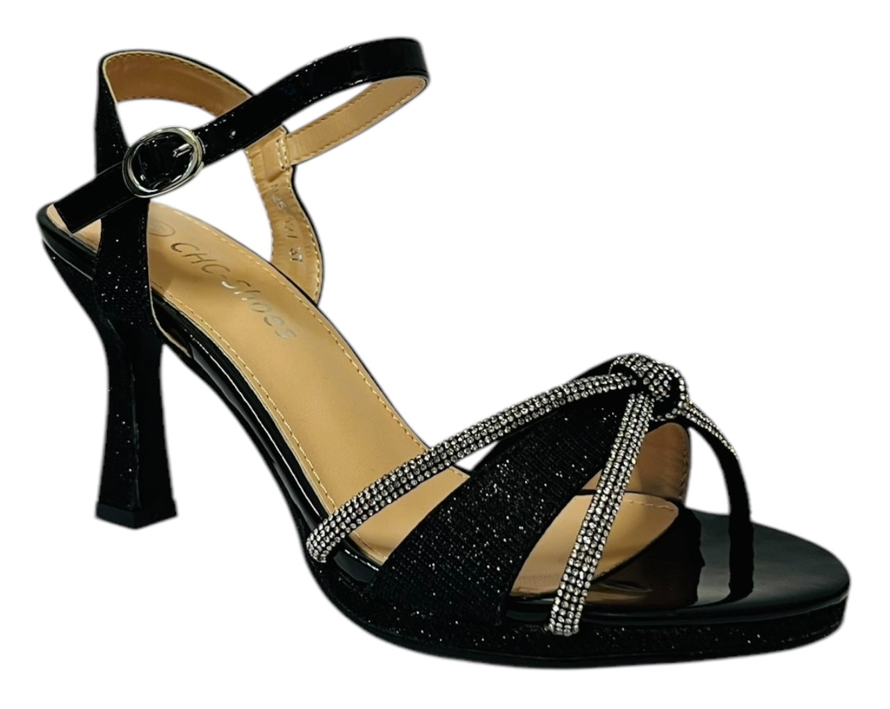 Women's Rhinestone Glitter Ankle Strap Spool Heel Shoes
